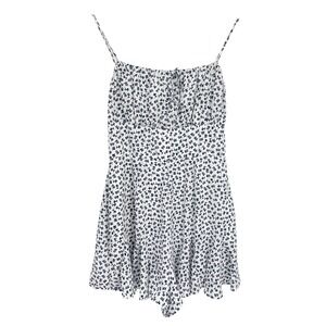 MiAmi Floral Print Romper Adjustable Spaghetti Straps Navy White Ruffle Hem Mini